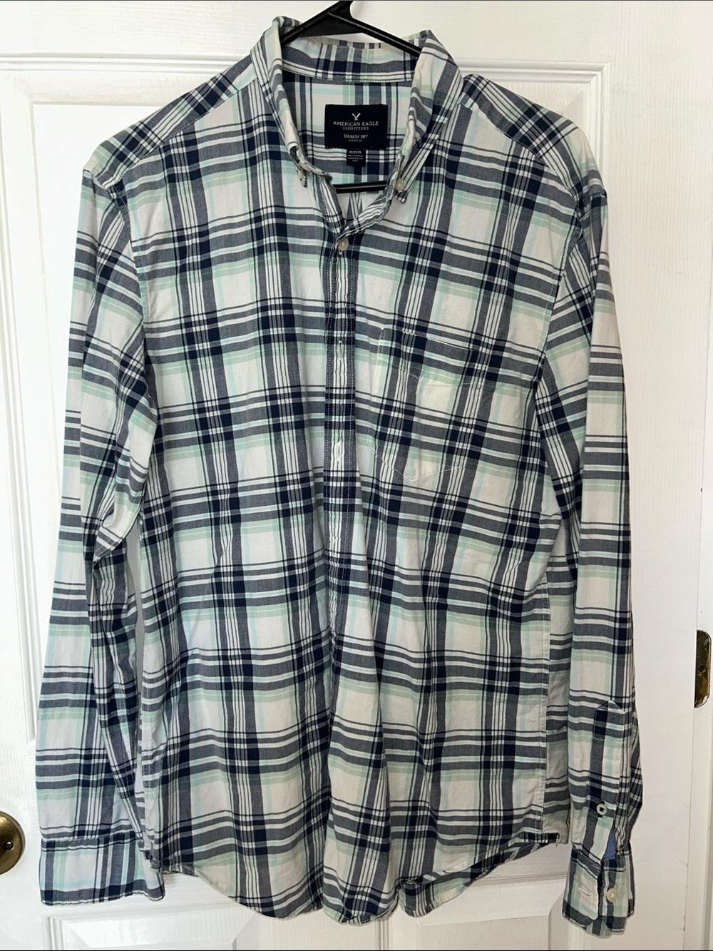 American Eagle Outfitters Men’s White, Navy & Light Green Plaid Shirt
